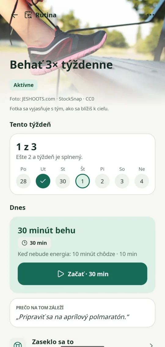 Detail rutiny Behať 3× týždenne: týždenný pás splnených dní, dnešná dávka a minimum