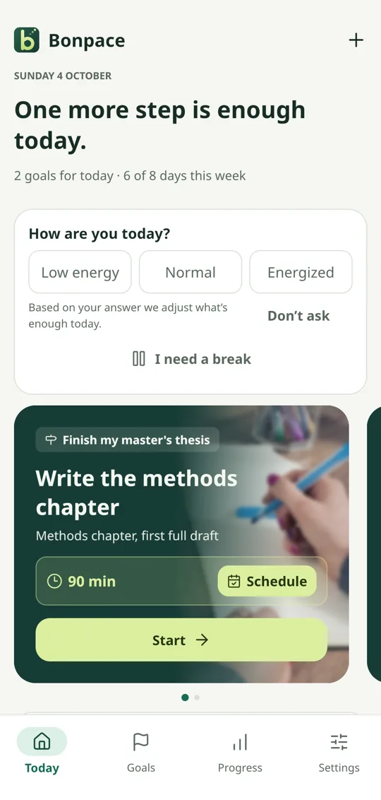 Today screen: the daily energy check-in and the next thesis step with the goal photo