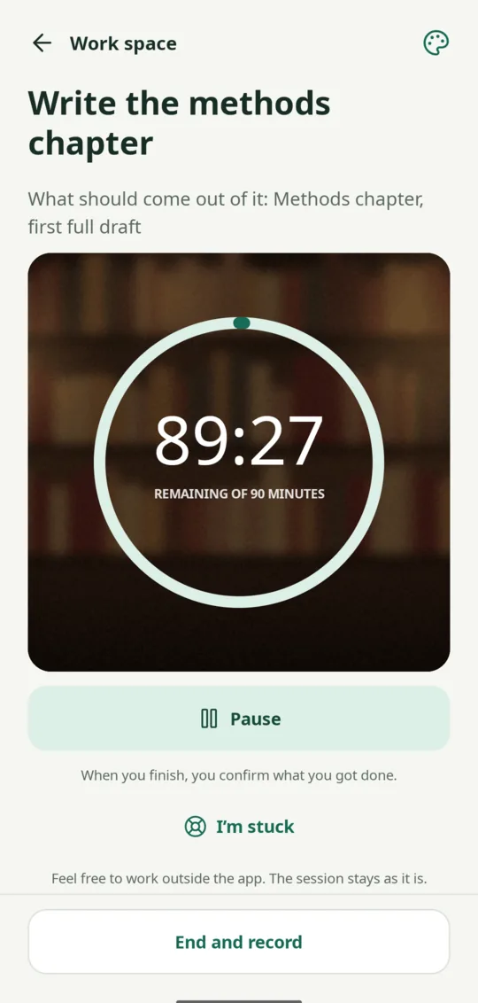 Session with a timer and a library backdrop